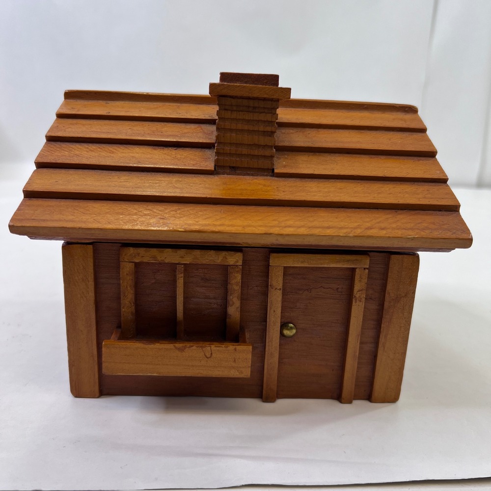 Handmade Rustic Wooden Cabin Recipe Box House Shaped Hinged Storage Chest
